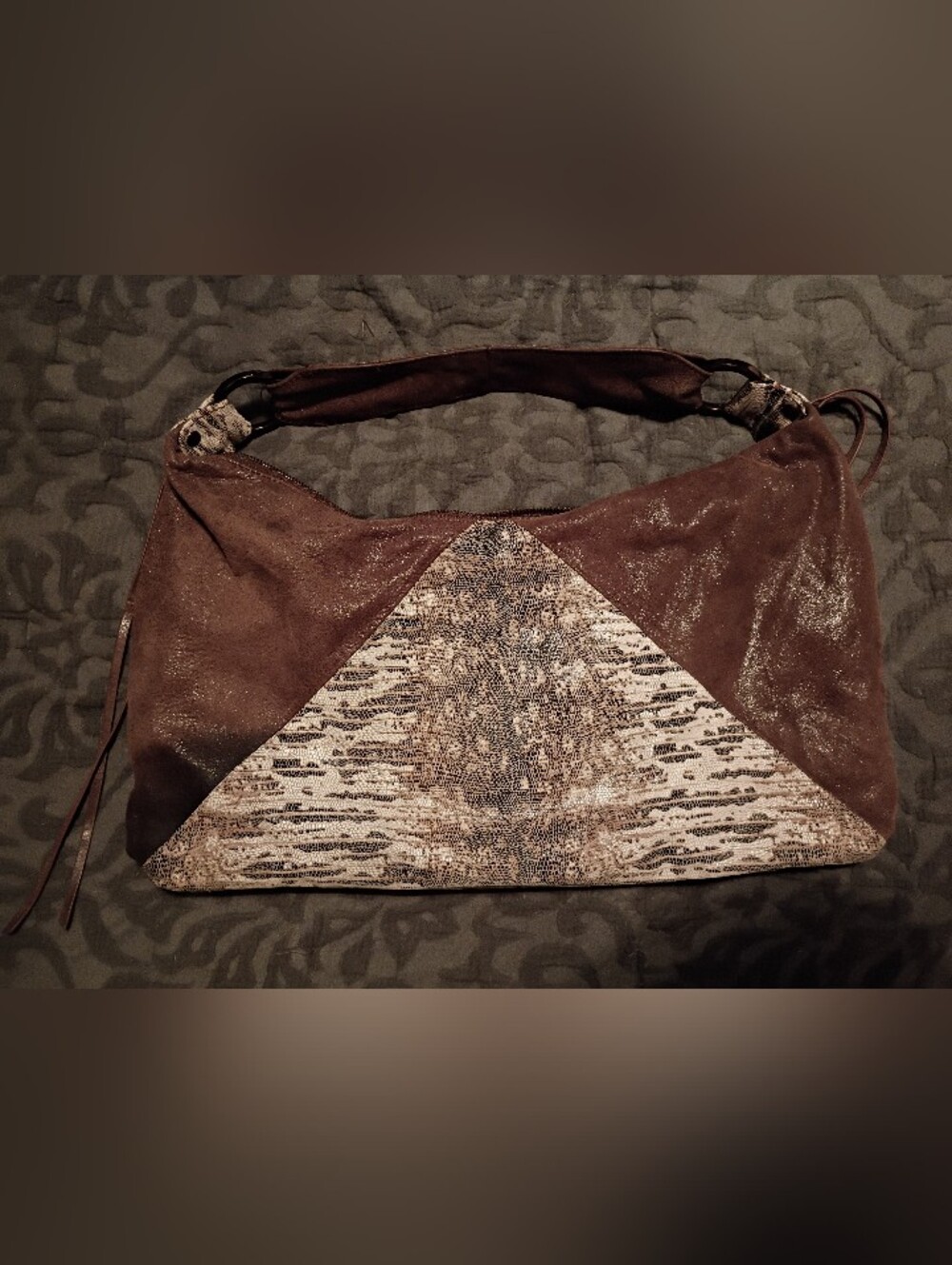 HOBO Brown Suede Shoulder Bag with Snake-Print Panel - Picture 8 of 8